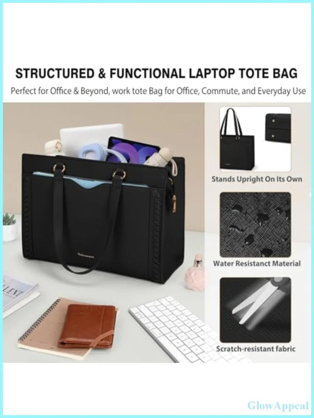 Laptop Tote Bag for Women with Cup Holder, PU Leather Work Bag